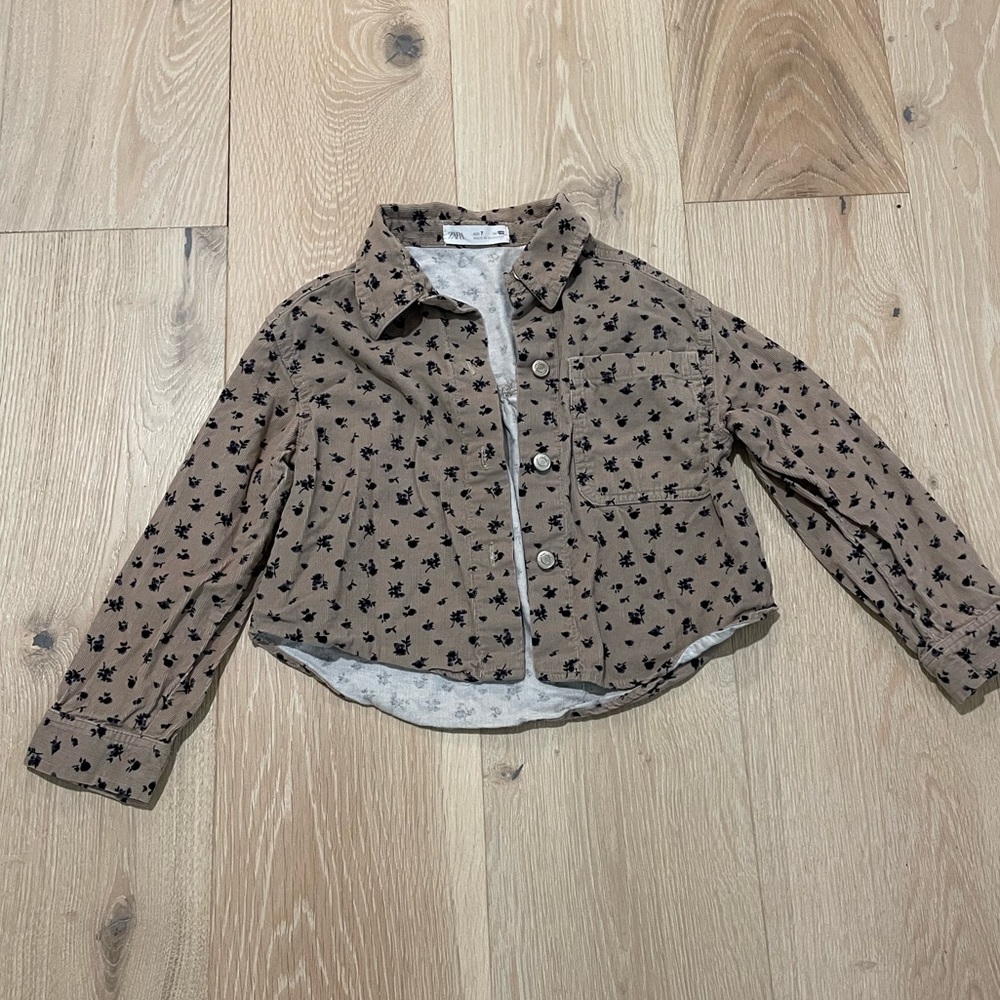 Zara kids tan corduroy button-down top with blue/black floral print